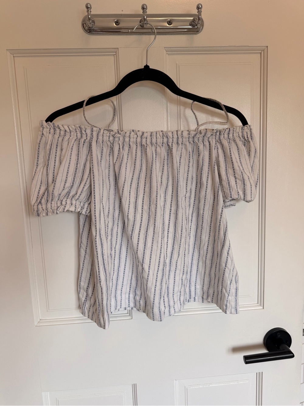 H&M White Off-Shoulder Blouse with Blue Stripes